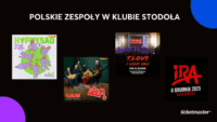 U góry napis "Polskie zespoły w Klubie Stodoła". Niżej cztery grafiki koncertowe - Happysad, Dżem, T.love i Ira. Na samym dole w rogu logo Ticketmaster, w dwóch innych rogach kropki.