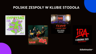 U góry napis "Polskie zespoły w Klubie Stodoła". Niżej cztery grafiki koncertowe - Happysad, Dżem, T.love i Ira. Na samym dole w rogu logo Ticketmaster, w dwóch innych rogach kropki.