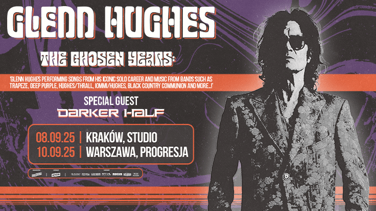 Plakat koncertu Glenn Hughes, przedstawiający artystę, daty i miejsca koncertów w Polsce oraz nazwę trasy.