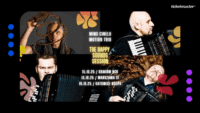 U góry w rogu napis Ticketmaster, po bokach kilka kropek. Na środku duży plakat promujący trasę "Mino Cinelu & Motion Trio - The Happy Sounds Session" z datami i miejscami koncertów.