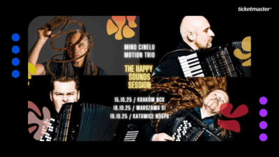 U góry w rogu napis Ticketmaster, po bokach kilka kropek. Na środku duży plakat promujący trasę "Mino Cinelu & Motion Trio - The Happy Sounds Session" z datami i miejscami koncertów.