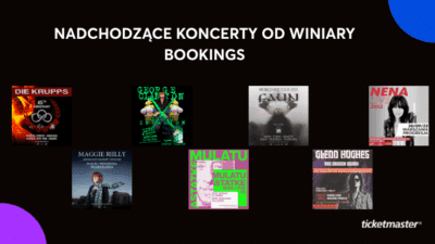 U góry napis "Nadchodzące koncerty od Winiary Bookings". Niżej plakaty koncertów DIE KRUPPS, Maggie Reilly, Mulatu Astatke, George Clanton, Faun, Glenn Hughes i Nena. Na dole w rogu logo Ticketmaster.