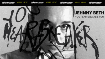 Plakat reklamujący nowy album Jehnny Beth o tytule "You Heartbreaker, you". U góry napisy ticketmaster i new music.