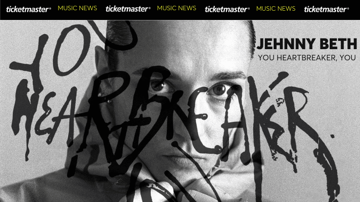 Plakat reklamujący nowy album Jehnny Beth o tytule "You Heartbreaker, you". U góry napisy ticketmaster i new music.