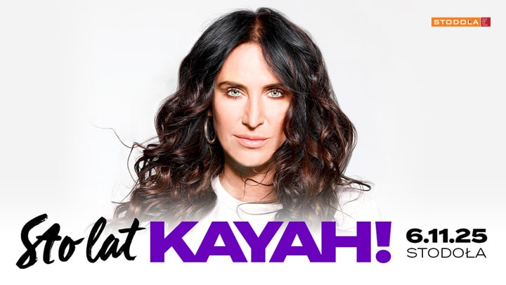Plakat promujący koncert Kayah z napisem "Sto lat Kayah", wizerunkiem artystki, datą i miejscem koncertu.