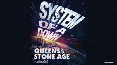 Plakat promujący koncert System Of A Down, wypisany jest support i special guest, jest data i miejscem wydarzenia oraz logo Live Nation.