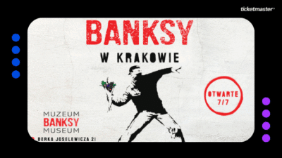 Plakat ukazujący jedno z dzieł BANKSY, promujące jednocześnie muzeum BANKSY w Krakowie, U góry logo Ticketmaster.
