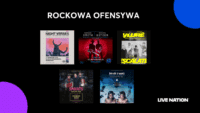 U góry napis "Rockowa ofensywa", niżej plakaty koncertów Night Verses, Smith/Kotzen, Vlure, Sprints i Nova Twins. Na dole logo Live Nation.