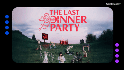 Grafika zawiera plakat pormujący koncert "The Last Dinner Party". U góry w rogu logo Ticketmaster.
