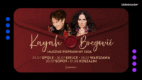 Plakat promujący trasę "Kayah & Bregović - Huczne Poprawiny 2026". Są tam daty i miejscas koncertów. U góry logo Ticketmaster. Organizator Charm music.
