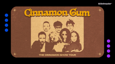 Plakat reklamujący trasę projektu Cinnamon Gum. U góry w rogu logo Ticketmaster.