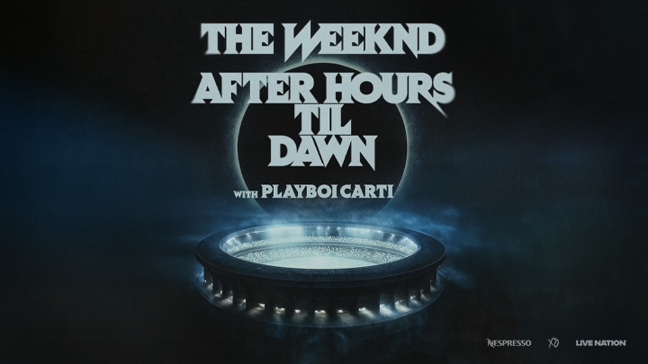 Plakat promujący koncert The Weeknd i Playboi Carti, z datą, miejscem koncertu i logiem Live Nation.