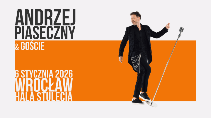 Grafika promująca koncert Andrzeja Piasecznego i gości. Jest tu wizerunek artysty, data, miejsce koncertu.