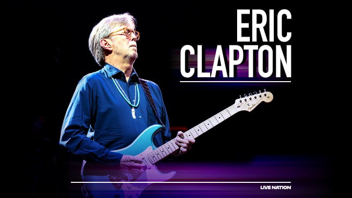 Plakat promujący trasę Erica Claptona z wizerunkiem muzyka z gitarą. Na samym dole w rogu logo Live Nation.