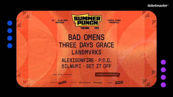 Plakat reklamujący festiwal Summer Punch Festival, jest tu data, nazwa festiwalu, miejsce oraz zespoły, które zagrają. U góry w rogu logo Ticketmaster.