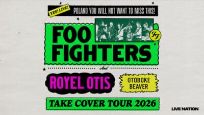 Plakat promujący koncert Foo Fighters, z nazwą trasy, datą, miejscem koncertu i supportami. Na dole logo Live Nation.