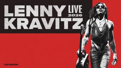 Plakat promujący trasę Lenny Kravitz Live 2026, z wizerunkiem artysty na czerwonym tle. Na dole logo Live Nation.