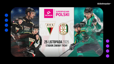 Plakat promujący mecz Superpucharu Polski w hokeju na lodzie. Przedstawione są dwie drużyny (GKS Tychy i JKH GKS Jastrzębie. Jest tutaj tez data oraz miejsce meczu. U góry logo Ticketmaster.