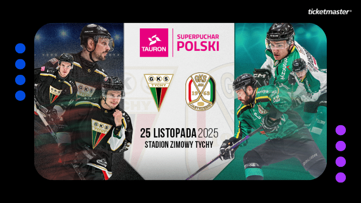Plakat promujący mecz Superpucharu Polski w hokeju na lodzie. Przedstawione są dwie drużyny (GKS Tychy i JKH GKS Jastrzębie. Jest tutaj tez data oraz miejsce meczu. U góry logo Ticketmaster.