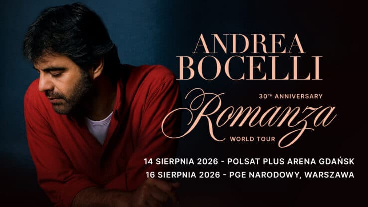 Grafika promująca koncerty Andrea Bocelli w Polsce, z wizerunkiem artysty, datami i miejscami koncertów.