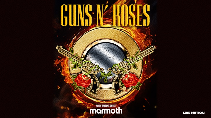 Grafika promująca koncert Guns N' Roses. Jest tutaj też wymieniony gość specjalny oraz logo Live Nation.