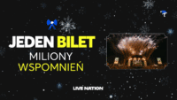 Grafika promująca kampanię świąteczną Ticketmaster "Jeden bilet, miliony wspomnień". Na dole logo Live Nation.