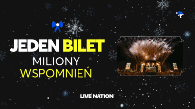 Grafika promująca kampanię świąteczną Ticketmaster "Jeden bilet, miliony wspomnień". Na dole logo Live Nation.