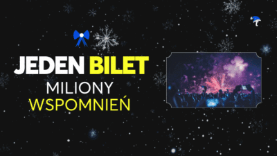 Grafika promująca kampanię świąteczną Ticketmaster z napisem "Jeden bilet. Miliony wspomnień".