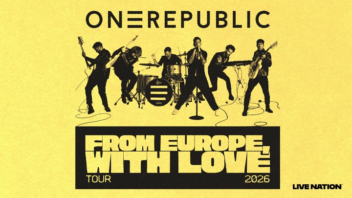 Plakat promujący koncert OneRepublic w Polsce, z nazwą zespołu, wizerunkiem członków oraz nazwą trasy. Jest tu też logo Live Nation.