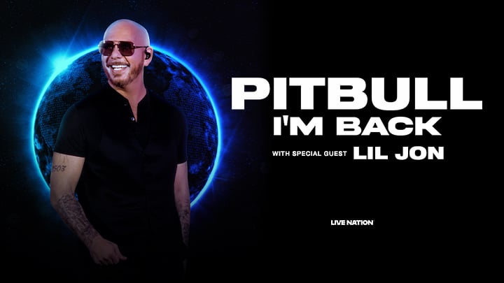 Plakat promujący koncert Pitbulla, z nazwą trasy, gościem specjalnym i logo Live Nation.
