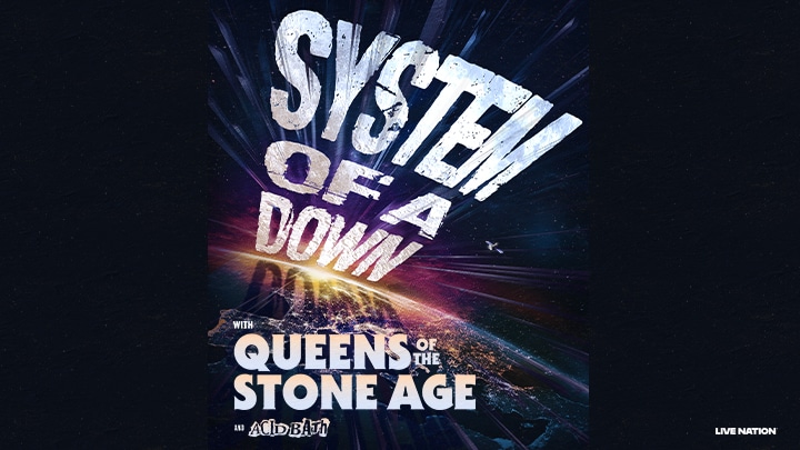 Grafika promująca koncert System Of A Down z napisanym gościem specjalnym i logo Live Nation.