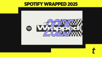 U góry napis "Spotufy Wrapped 2025", a na dole grafika tegorocznego Spotify Wrapped. U góry i na dole żółte paski i w rogu litera t.
