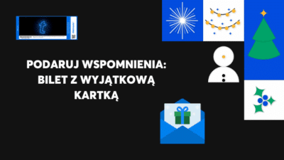 Grafika promująca bilety z kartami świątecznymi Ticketmaster. Przedstawia ozdoby świąteczne, bilet, kartę i napis "Podaruj wspomnienia: bilet z wyjątkową kartką" na czarnym tle