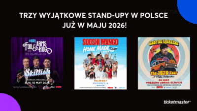 U góry napis "Trzy wyjątkowe stand-upy w Polsce już w maju 2026!" Na dole trzy grafiki promujące wydarzenia Foil Arms & Hog, Sooshi Mango i Gabriel Iglesias. Na dole w rogu logo Ticketmaster.