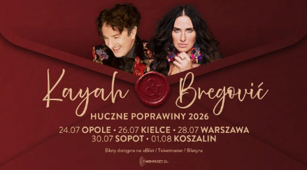 Grafika promująca koncerty Kayah & Bregović, z datami koncertów, miejscami i logiem organizatora Charm Music na dole.