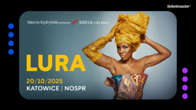 Artystka Lura, obok jej nazwa oraz data i miejsce koncertu. W prawym górnym rogu logo Ticketmaster