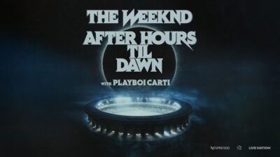 Plakat promujący koncert The Weeknd i Playboi Carti, z datą, miejscem koncertu i logiem Live Nation.