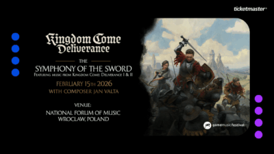 Plakat promujący wydarzenie: The Symphony of the Sword – światowa premiera muzyki z Kingdom Come: Deliverance. U góry logo Ticketmaster.