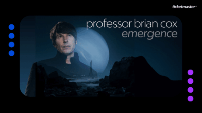 Plakat promujący wykład Brian'a Coxa o tytule "emergency". Widoczny jets wizerunek mężczyzny a u góry w rogu logo Ticketmaster.
