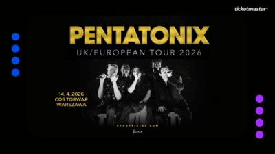 Plakat promujący koncert Pentatonix w Warszawie. Grafika przedstawia śpiewających członków zespołu, z miejscem i datą wydarzenia. U góry logo Ticketmaster.