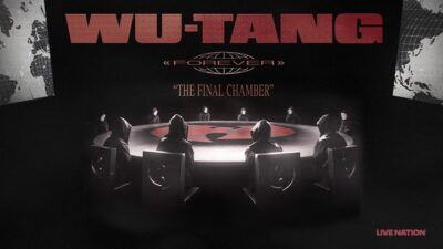 Plakat promujący koncert Wu-Tang Clan w Polsce. Zawiera nazwę zespołu, trasy, logo organizatora, czylu Live Nation.