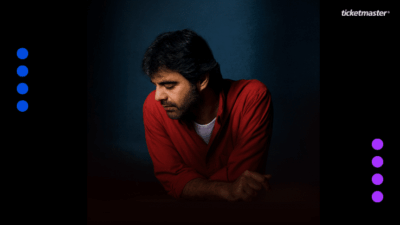 Grafika promująca koncerty Andrea Bocelli w Polsce. Przedstawia wizerunek artysty, który odwraca wzrok od obiektywu. U góry w roku logo Ticketmaster.